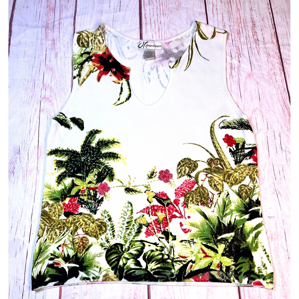 Dressbarn Women White Tropical Palm Beaded Knit Tank Top Size 8 Floral